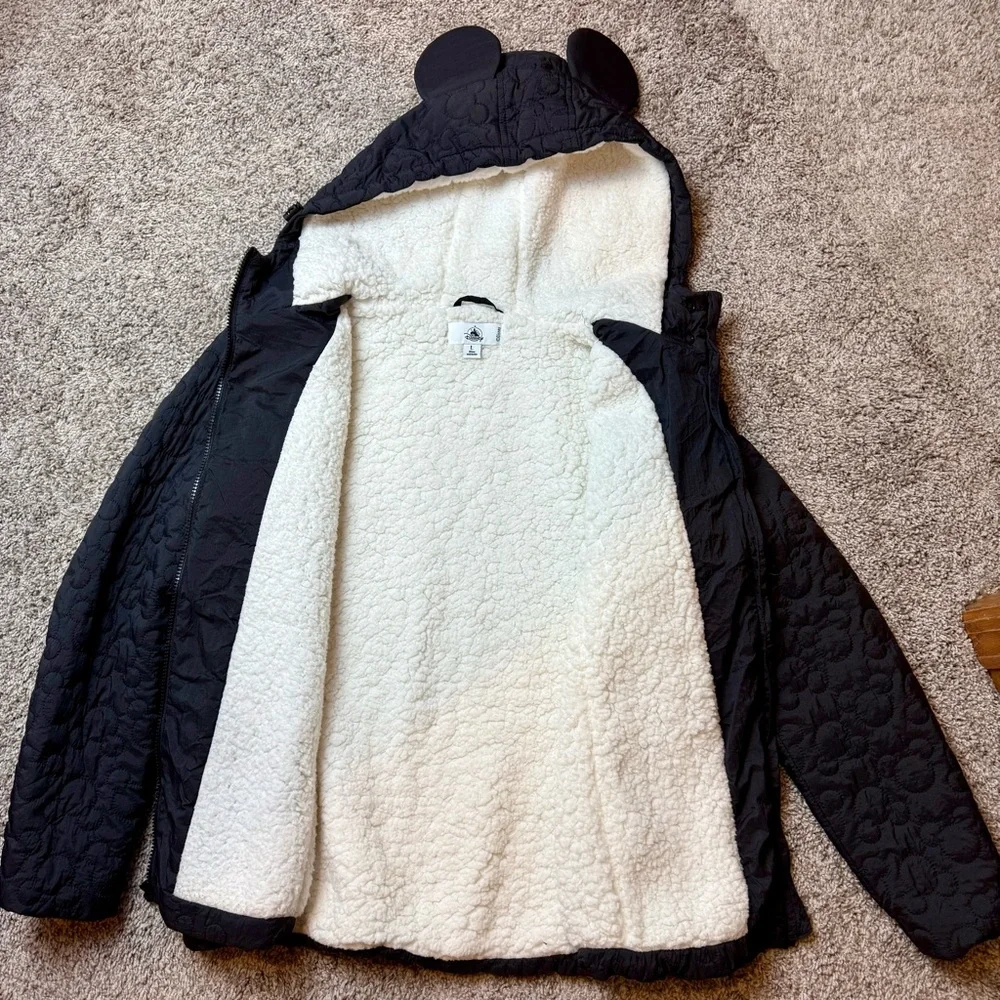 Disney Parks Women’s Mickey Mouse Ears Black Quilted Jacket Sherpa Lining Size L - Picture 9 of 13